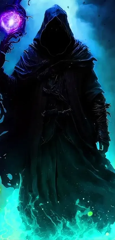 Mystic sorcerer in vibrant blue and purple hues for phone wallpaper.