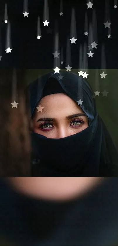 A mysterious woman with captivating eyes behind a veil, framed by falling stars.