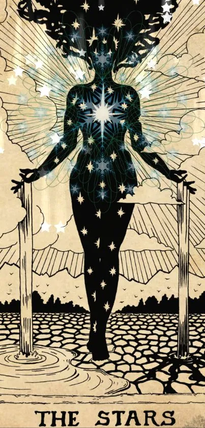 Beautiful tarot card with starry silhouette and cosmic theme.