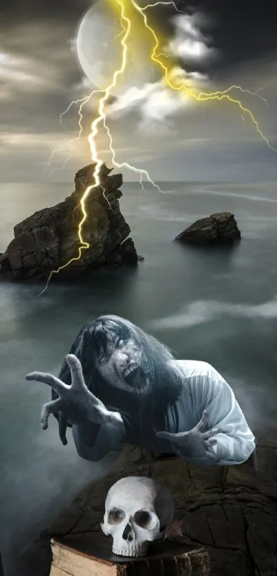 Mystical storm scene with eerie figure and lightning on rocky shore.