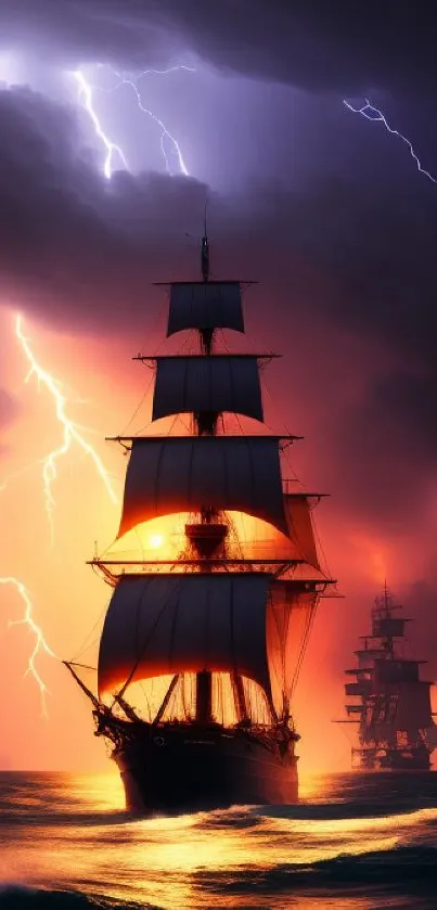 Nautical ship silhouette in a stormy, lightning-filled sea environment.