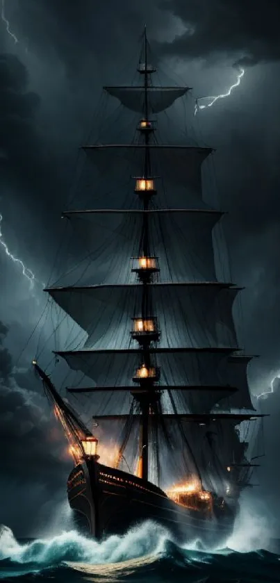 A majestic ship sails through a dark, stormy ocean with lightning in the sky.