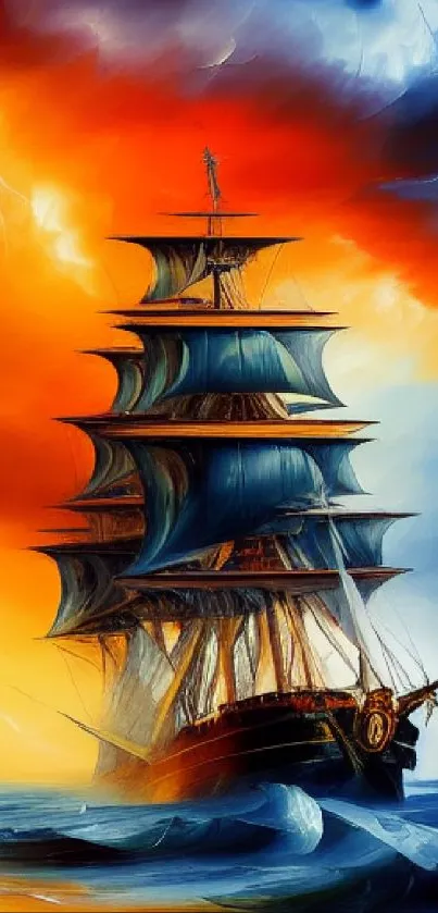 Majestic ship sailing through a vibrant sunset with dynamic colors.