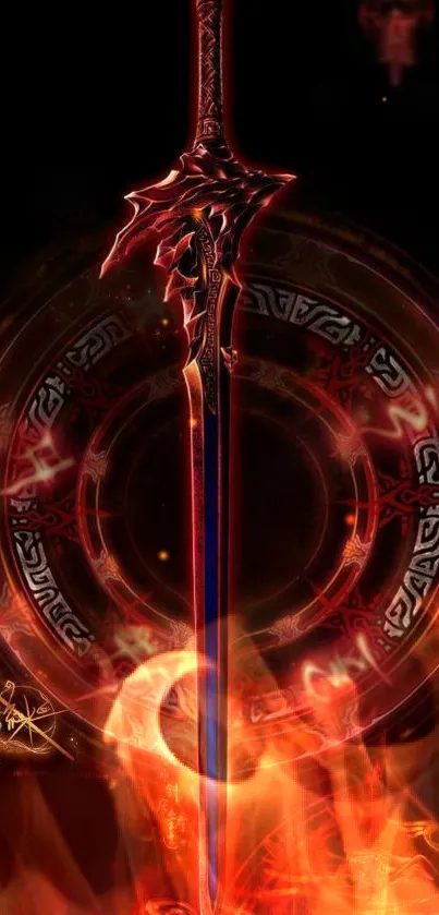 Dark red sword and fiery ring on black background wallpaper.