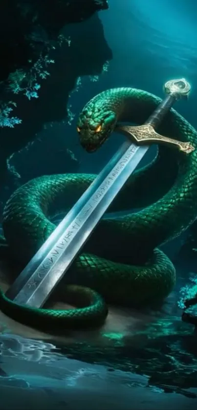 A serpent entwined around a sword in a mystical underwater setting.