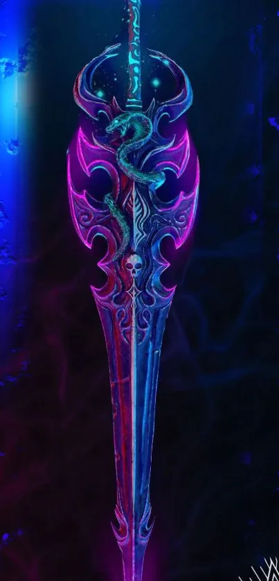 Vibrant neon sword with blue and pink glow, set against a dark mystical background.