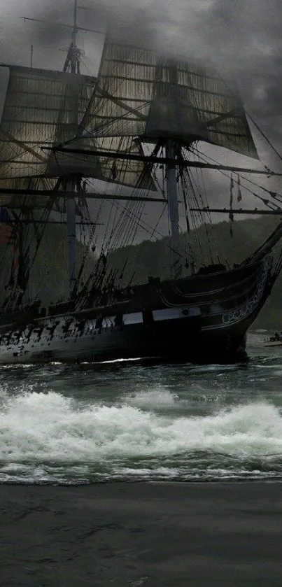 Tall ship sailing through stormy seas with dark clouds.