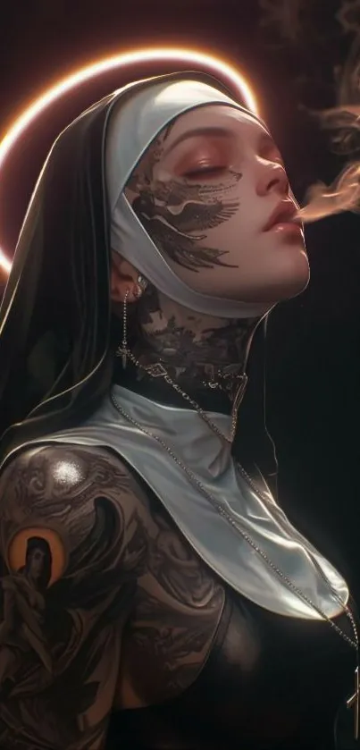 Mystic tattooed nun with halo art.