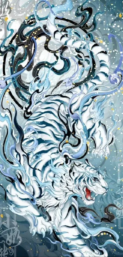 Mystic tiger artwork with blue and white abstract design for mobile wallpaper.