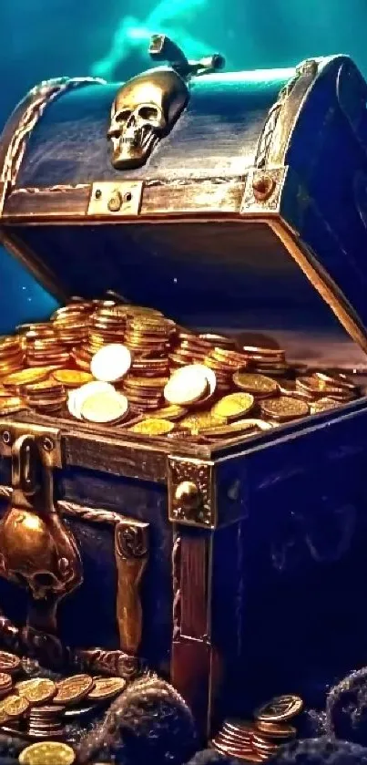 Treasure chest filled with gold coins underwater.