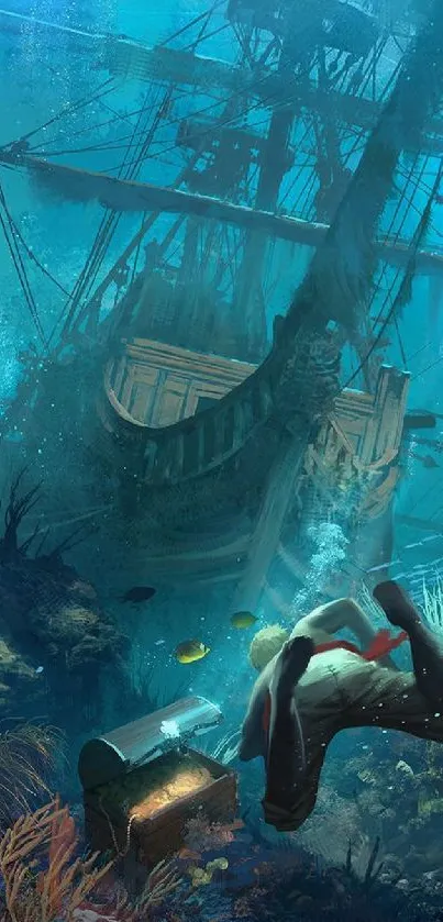 Underwater scene with shipwreck and treasure chest.