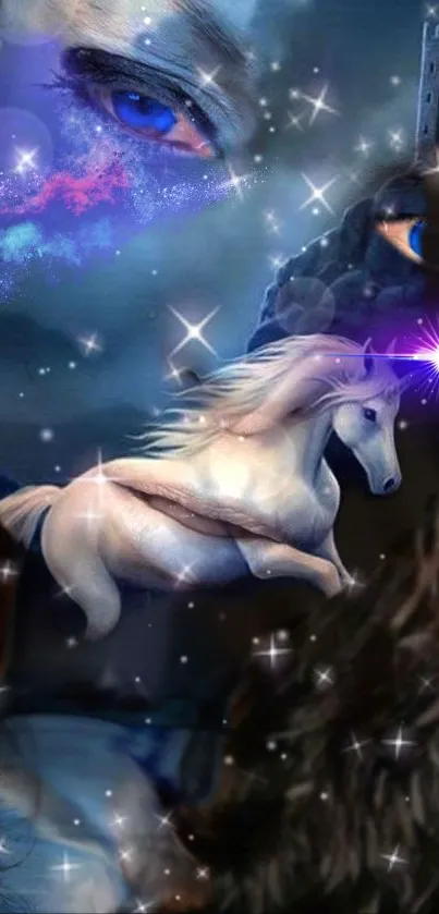 Enchanting unicorn amid cosmic fantasy backdrop.