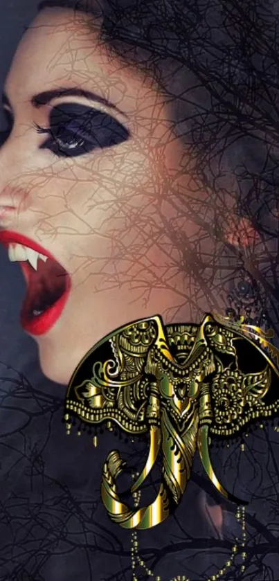 Vampire themed wallpaper with gold elephant design overlay.