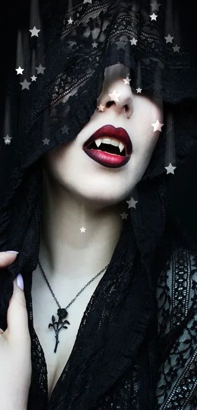 Vampire with lace hood and red lips mobile wallpaper.