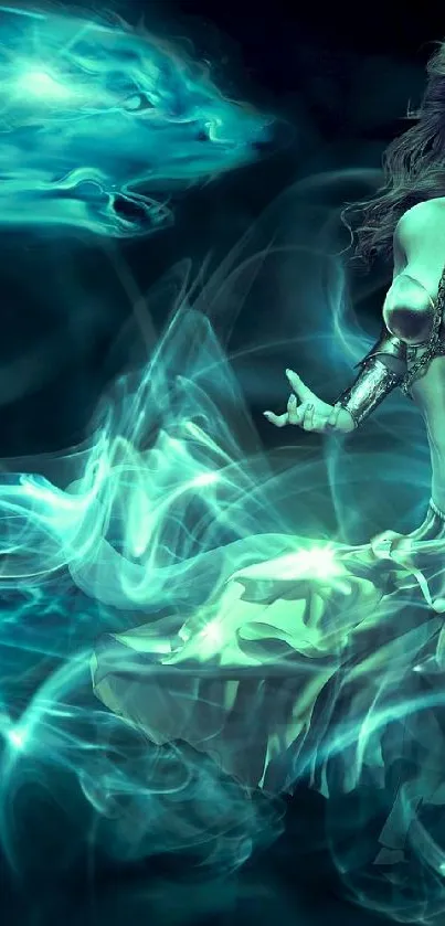 Mystic warrior woman and teal dragon in a fantasy scene.