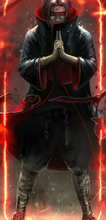 Mystic anime warrior in black and red attire, set against a dramatic backdrop.