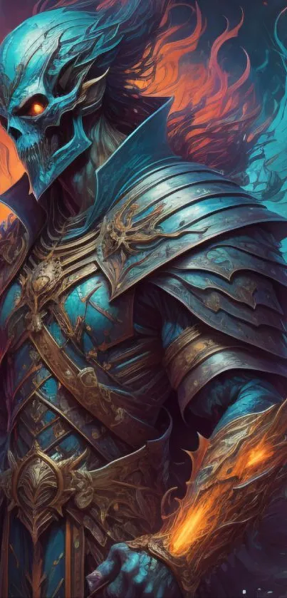 Fantasy warrior in blue armor with fiery background art.