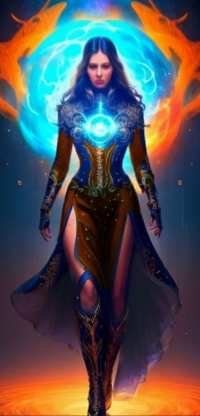 Mystic female warrior in a fantasy realm with glowing blue and orange hues.