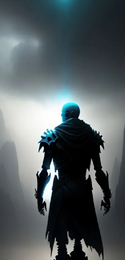 Mystic warrior standing in a dramatic dark landscape with a glowing blue light.