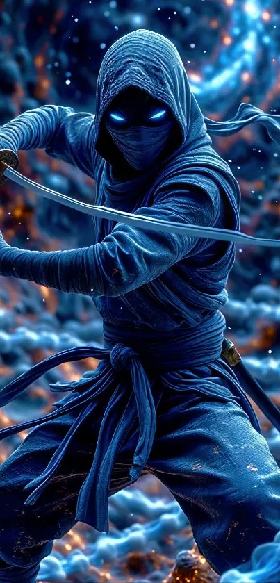 Epic blue-clad ninja warrior in action stance artwork.