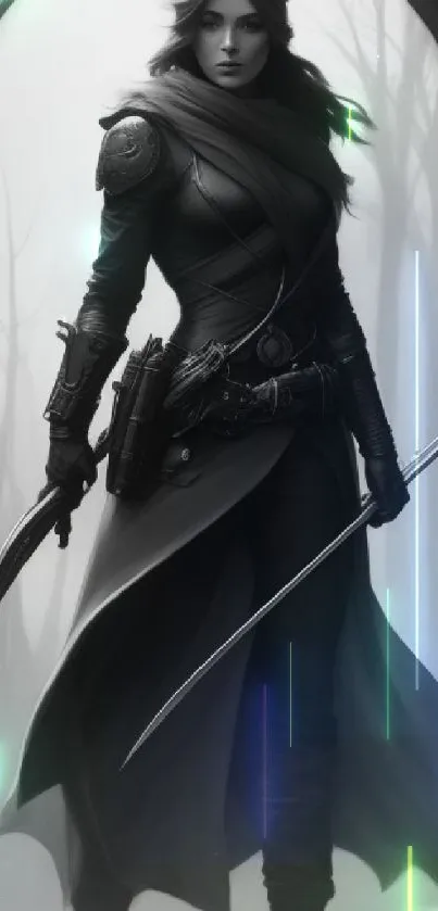 Mystic female warrior in monochrome art with swords, set in a dark forest.