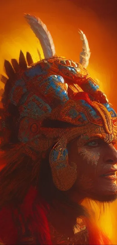 Mystic warrior with tribal headgear in vibrant orange background.