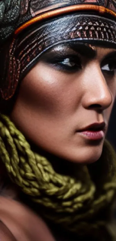 Mystic warrior portrait with ornate headgear and intense gaze against a dark background.