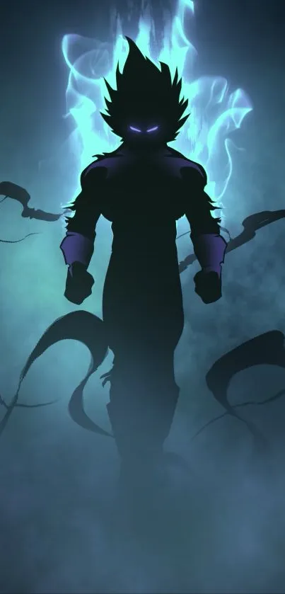 Silhouette of a warrior with a glowing blue aura in a misty background.