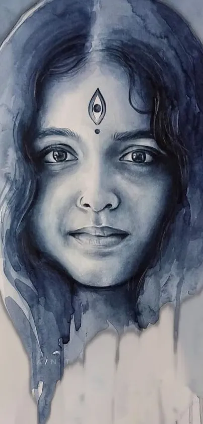 Mystic watercolor portrait with blue hues.