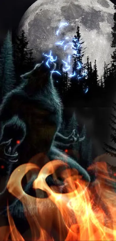 Werewolf in dark forest under full moon.