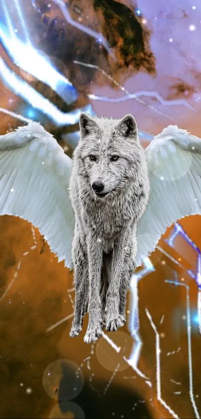 Mystical winged wolf against a cosmic background.