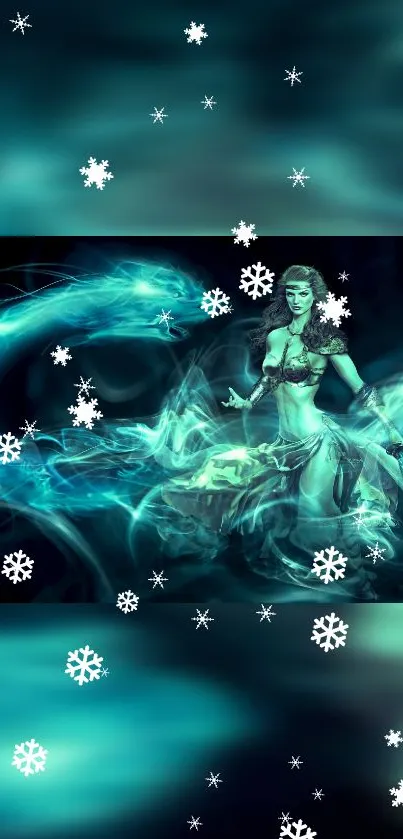 Mystic figure with snowflakes in teal hues.