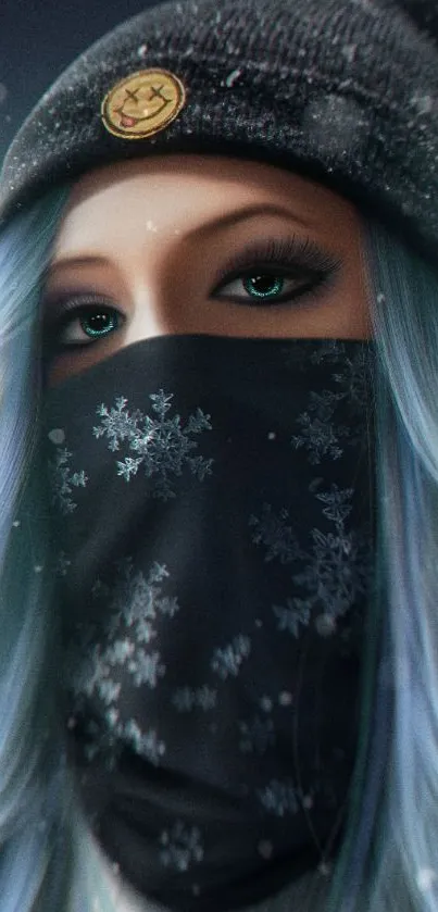 Mystical winter portrait wallpaper with blue hair and snowflakes.