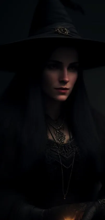 A mystical witch in dark attire holding a candle, set against a shadowy backdrop.