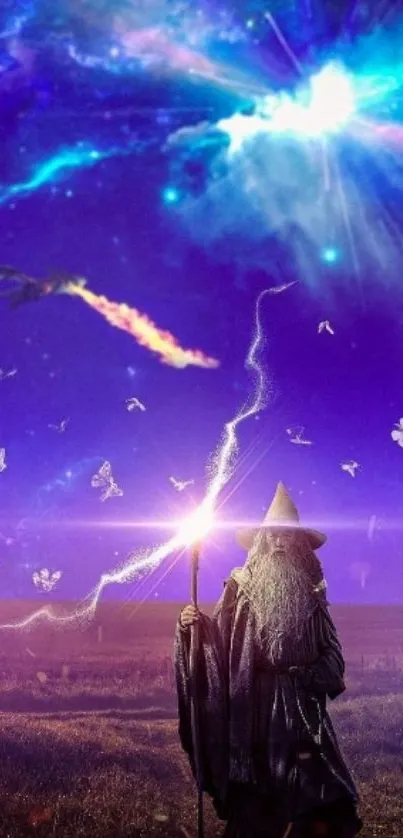 Wizard under a cosmic sky with purple hues and mystical elements.