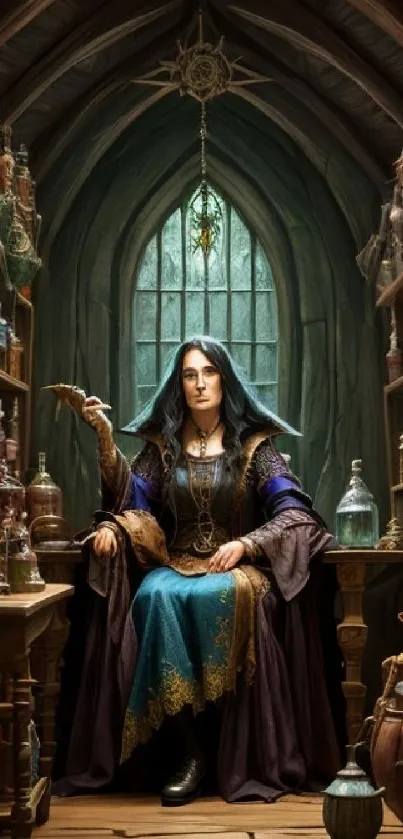 Mysterious wizard in a potion-filled library setting.