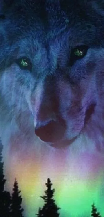 Mystical wolf with aurora borealis in the background, perfect for mobile wallpaper.