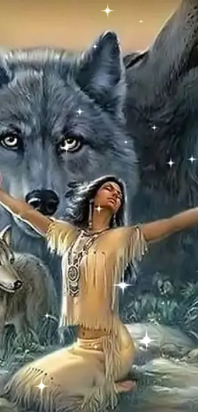 Mystical art of wolf and woman with dreamcatchers in serene setting.