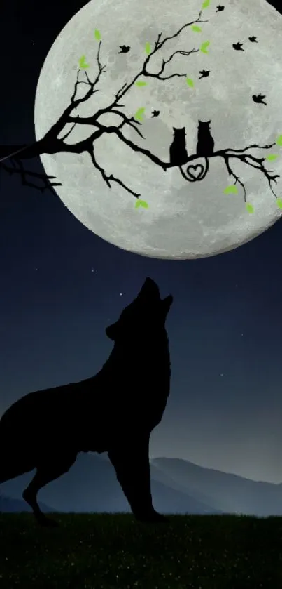 Silhouette of a wolf howling in front of a large, bright full moon.