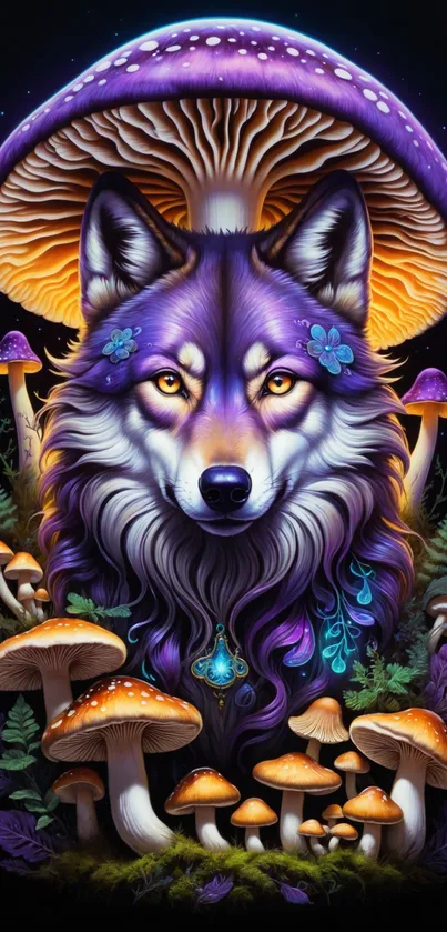 Mystical wolf surrounded by colorful mushrooms on a dark background.