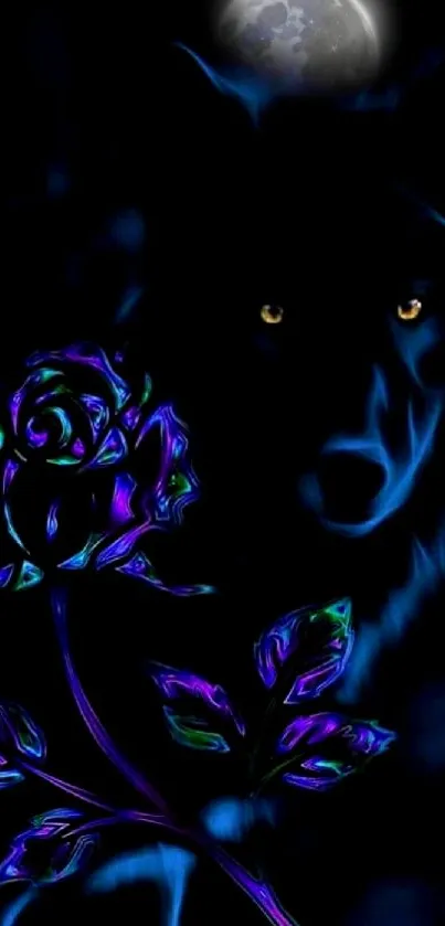 Mystic wolf with glowing rose under full moon wallpaper.