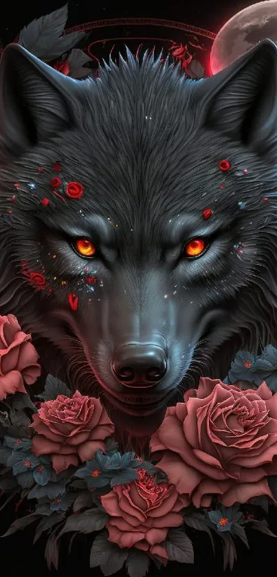 Mystic wolf and roses under a full moon wallpaper.