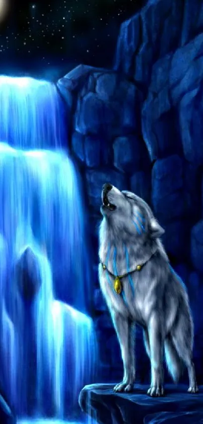 Wolf howling beside a glowing waterfall at night.