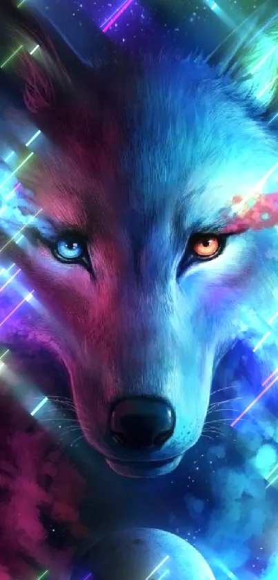 Vibrant cosmic wolf wallpaper with purple and blue hues.