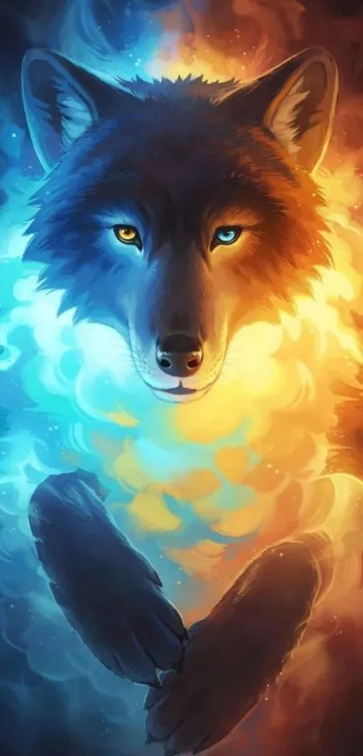 Mystical wolf surrounded by fire and ice hues, creating a vibrant and dynamic artwork.