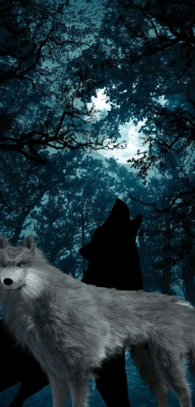 Mystical wolf in a moonlit forest wallpaper.