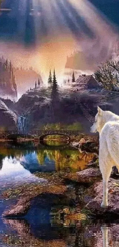 White wolf in a mystical forest with mountain and sunlight.