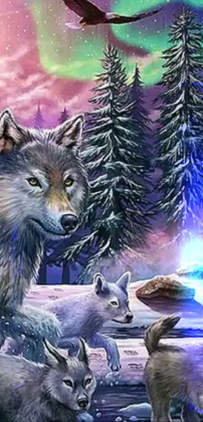 Mystical forest scene with wolves and aurora.