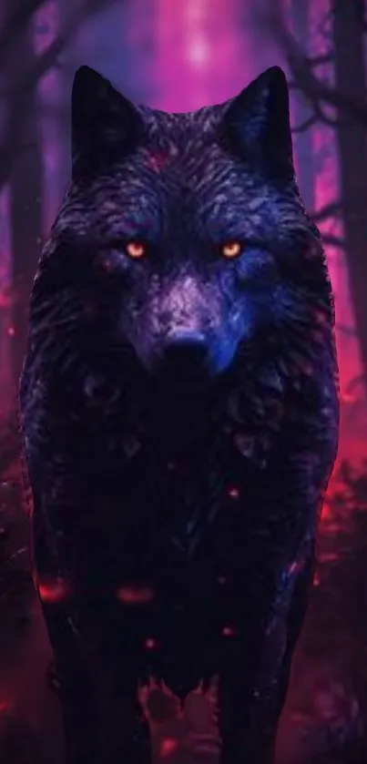 Mystic wolf in neon-lit forest, vivid mobile wallpaper.