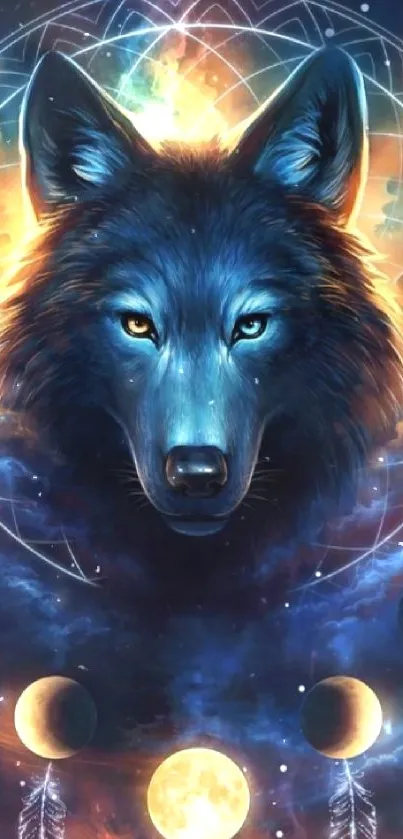 Mystic wolf head in a galaxy-themed wallpaper with celestial symbols.